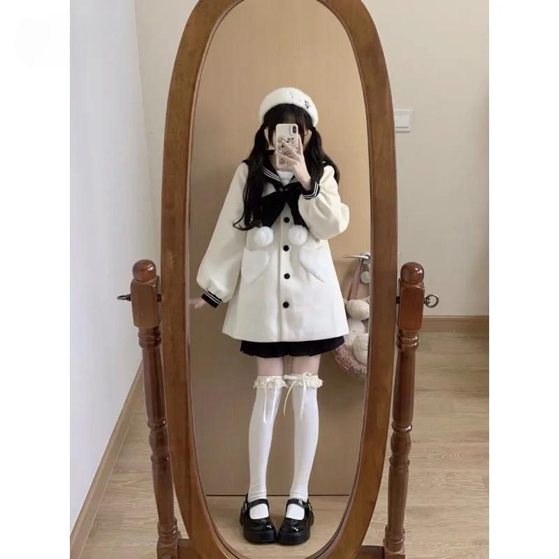 Damefrakker Kontrast Sjømannskrage Sløyfe Enkeltkneppet Hjerte Lomme Søt Aldersreduksjon Allsidig Ullkåpe Dameklær