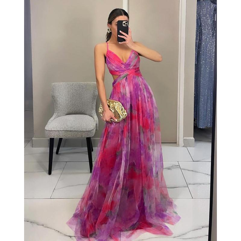 Spring and Summer New Mesh Printing Suspender Dress, Vacation Casual Party Dress