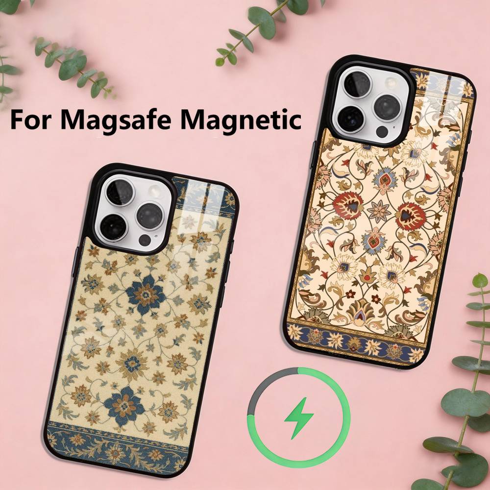Persian Carpet Floral Pattern Phone Case For iPhone17,16,15,14,13,12,11 Plus,Pro Magnetic For Magsafe Wireless Charging