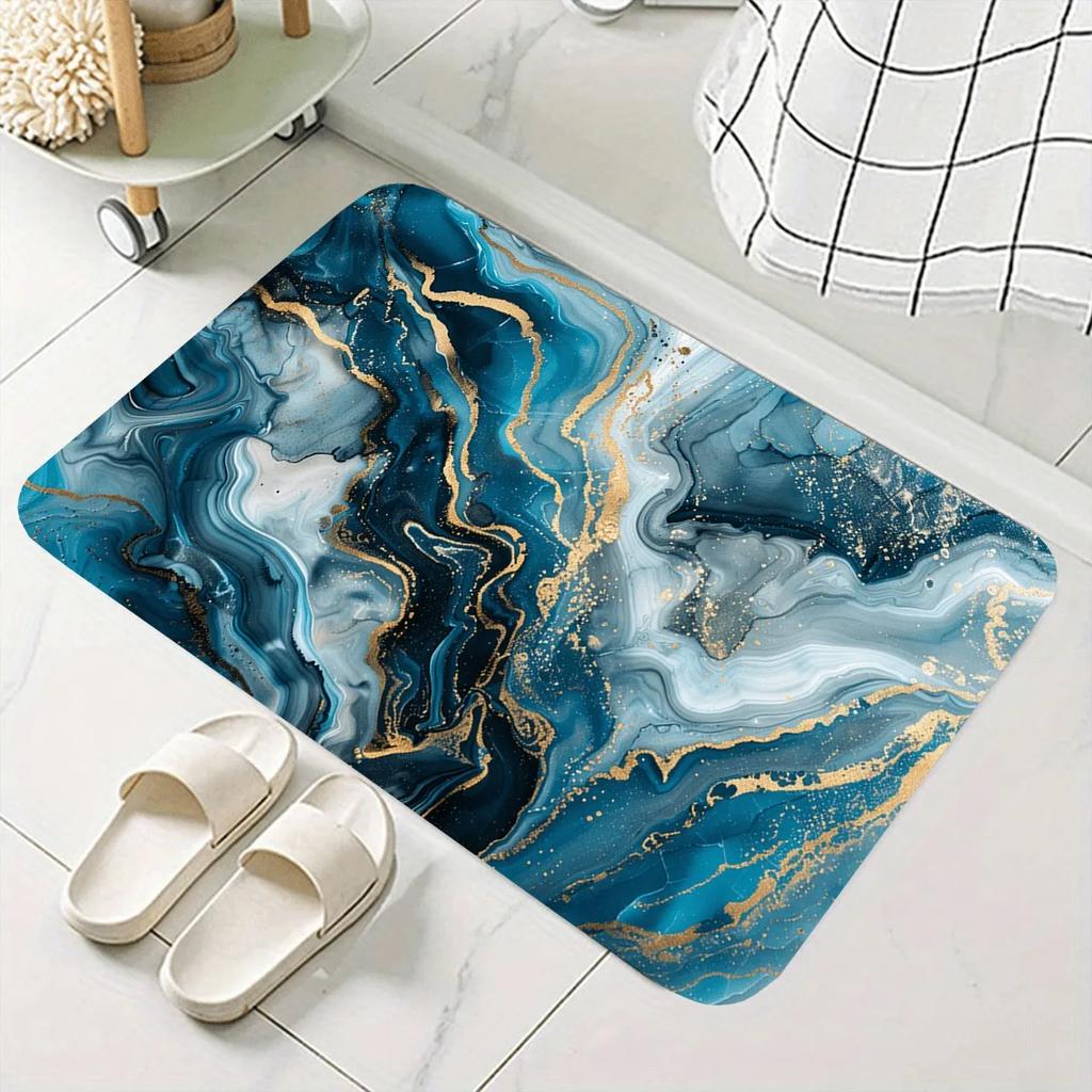 VIKAMA Teal Marble Effect Bathroom Mat Soft Comfort Non Slip Absorbent Modern Home Decorative Floor Mat Bath Rug Supplies