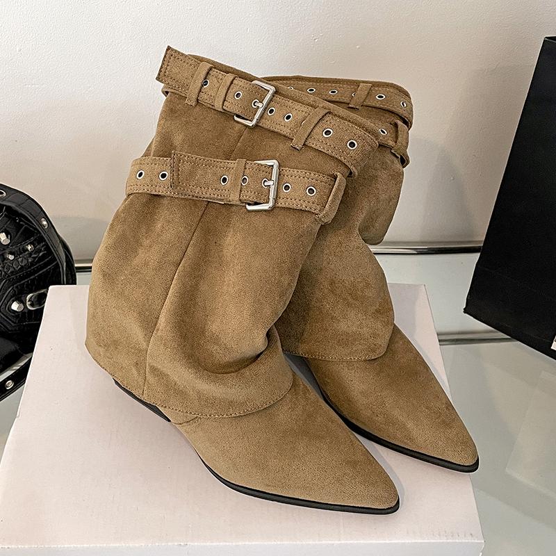 Fashion Pointed Toe Women Western Ankle Boots Elegant Thick Heels Shoes Laides Belt Buckle Short Booties Zapatos Mujer