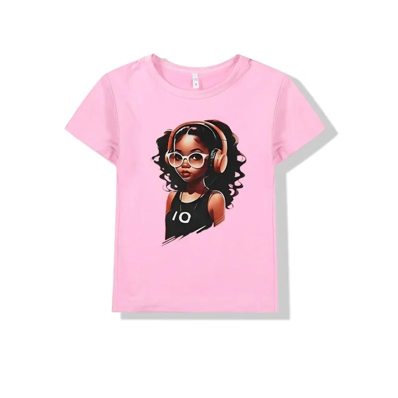 Summer New Girls round Neck Shortsleeved Tshirt Kids Clothes INS Music Cool Girl Pattern Printed Polyester Fabric