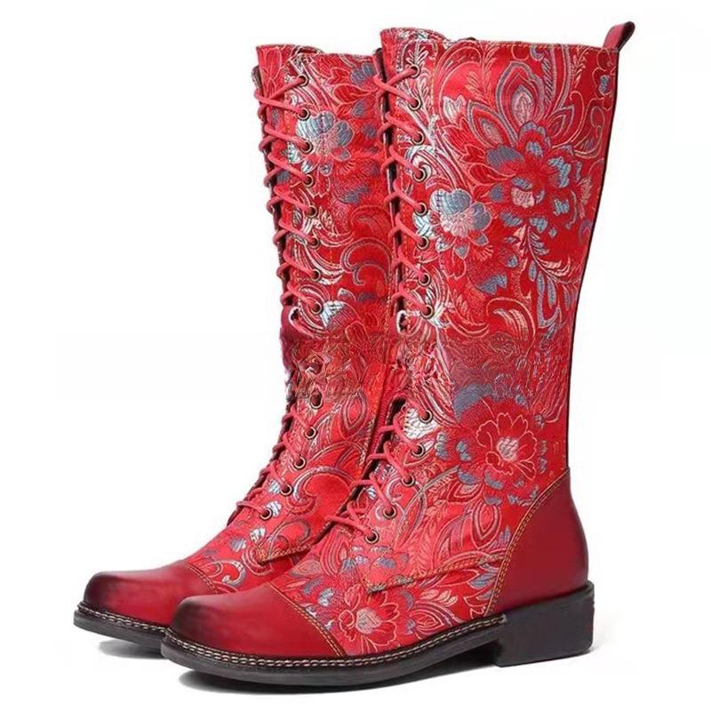 Botas de caballero de media caña con tacón cuadrado y estampado étnico de tótem para mujer