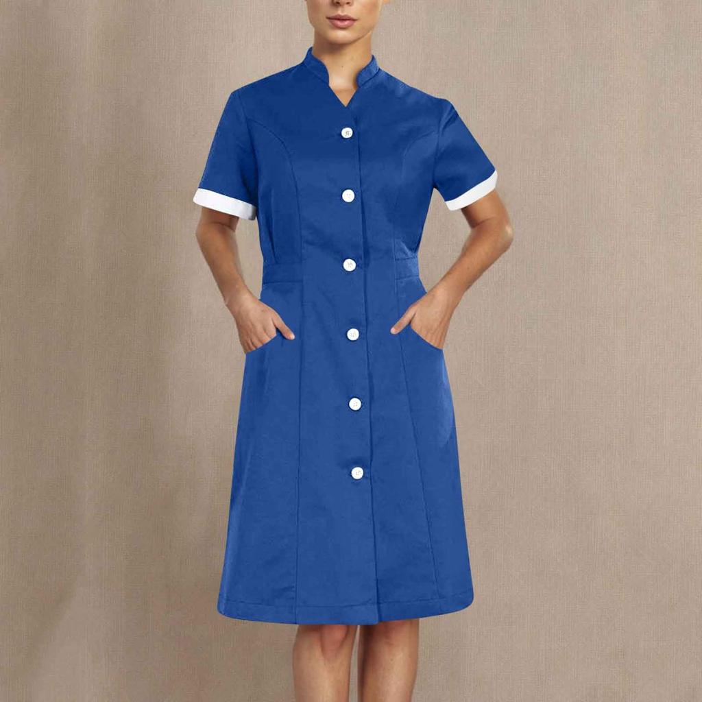 Housekeeping Uniform Dress Womens Button Down Scrub Dresses Short Sleeve Lapel Nursing Shirt Dress with Pockets