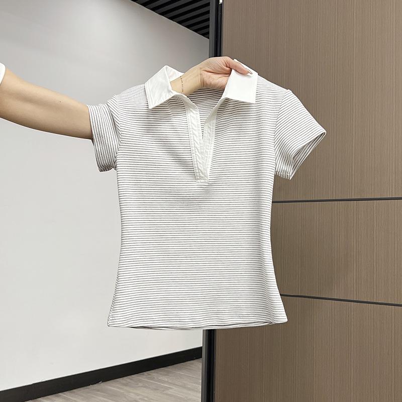 

Women s Color Block Striped Polo Collar Slim Fit T-Shirt - Summer 2025 Collection Small