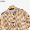 ZANZEA Women Casual Turn Down Collar Loose Short Sleeve Plaid Print Blouse