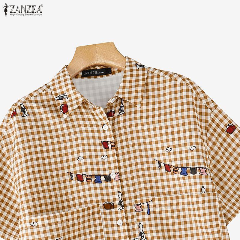 ZANZEA Women Casual Turn Down Collar Loose Short Sleeve Plaid Print Blouse