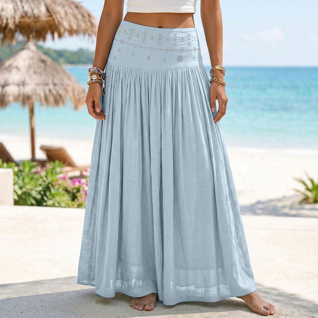 Gonna Lunga Donna Vita Alta Stile Boho Vita Elastica Gonna Lunga Pieghettata Tessuto Leggero e Fluido Abbigliamento Estivo