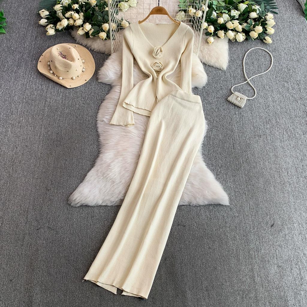 Spring Autumn Women Elegant Knitted Sweater Office Two Piece Set V-neck 3D Flower Pullover Tops and Long Maxi Sheath Skirt Outfits