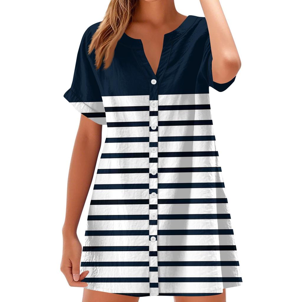 Women Fashion Casual V-neck Short Sleeve Button Stripe Print Dress