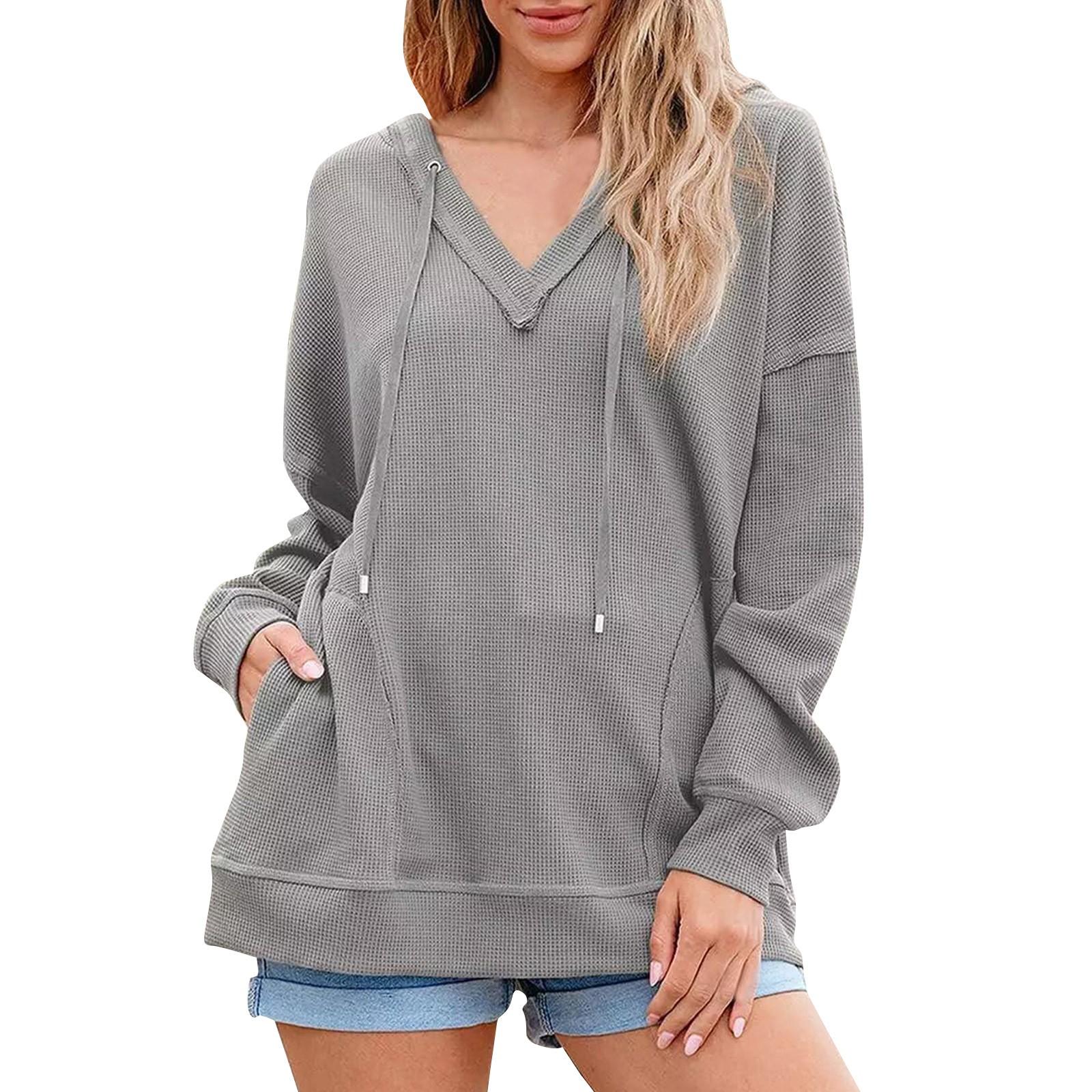 

Женская повседневная модная однотонная толстовка с капюшоном и V-образным вырезом с длинным рукавом XL