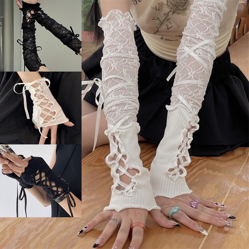 Women Strapping Lace Fingerless Sexy Arm Sleeves DIY Lace-up Sunscreen Gloves Elastic Mesh Punk Gloves Clothing Accessories