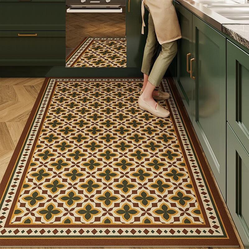 Kitchen Carpet Pvc Waterproof Non-slip Floor Mat Retro American Style Home Decoration Rug Plaid Plant Flower Anti-oil Carpets
