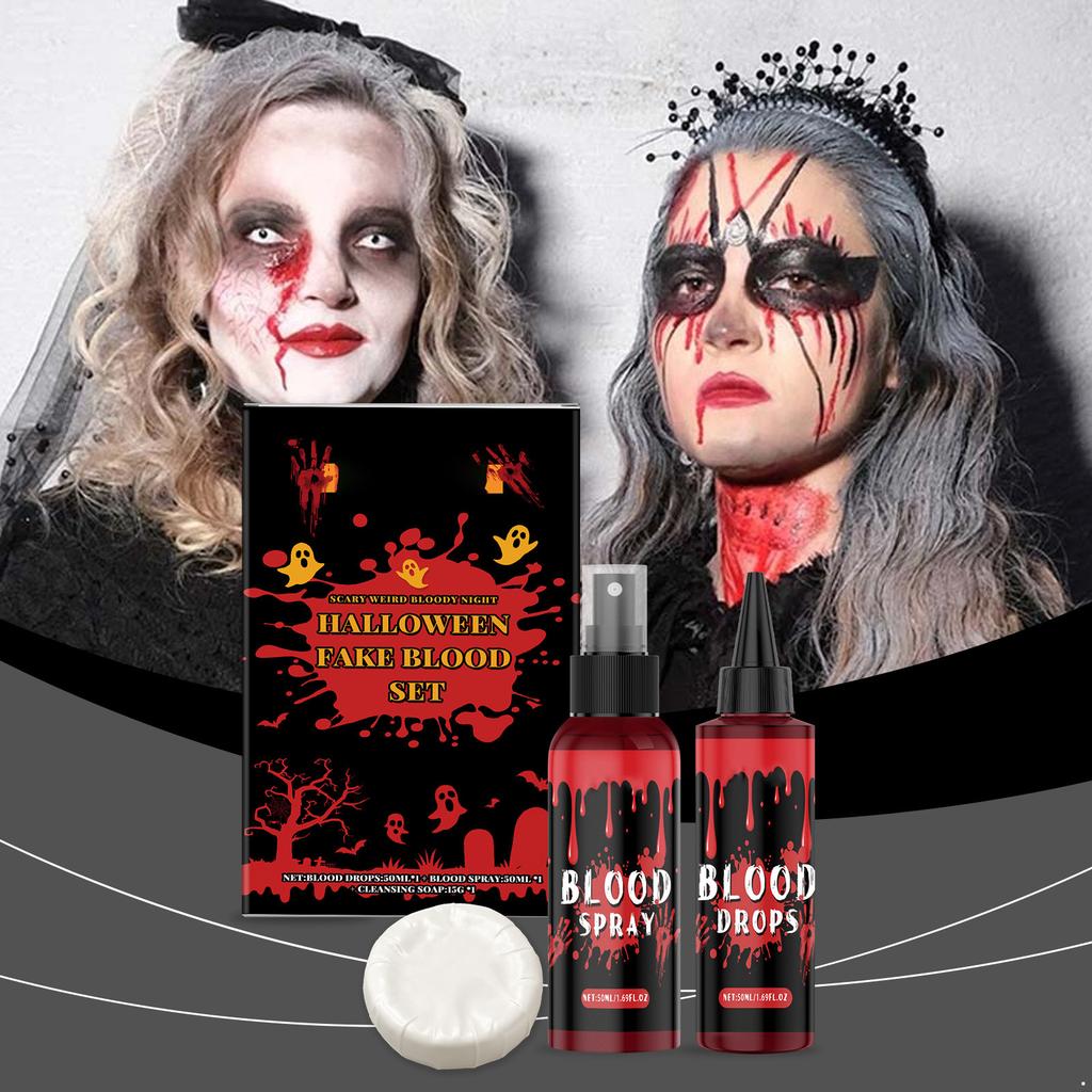 Professional Fake Blood Kit with 50ML Dripping Blood and 50ML Blood Spray Plus 15g Realistic Effect Soap for Halloween Makeup Cosplay Costume Party