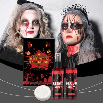 Profesionální sada falešné krve s 50 ml kapající krve a 50 ml krevního spreje plus 15 g mýdla s realistickým efektem pro halloweenské líčení, cosplay, kostýmové večírky