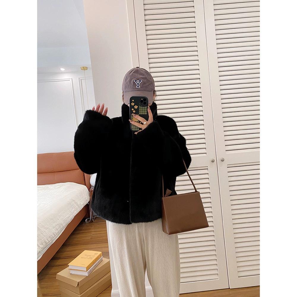 Krótkie futro jednoczęściowe ze stójką ze sztucznego futra norki futro przyjazne środowisku damskie jesienno-zimowe w stylu dojazdowym