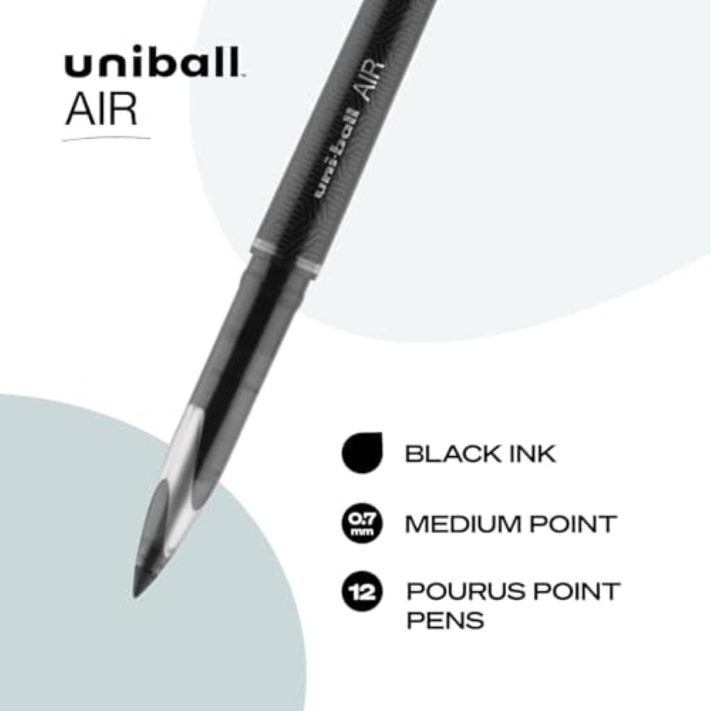 uni-ball Air 0.5mm Roller Ball Pen Black Ink Pack of 12 | Waterproof, Smudge Free, Long-Lasting Office & School Writing