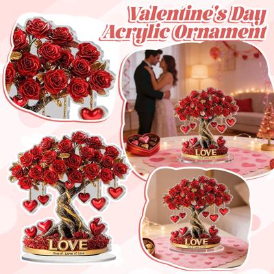 Valentine's Day Rose Tree With Heart Table Decoration,2D Flat Acrylic Ornament For Desktop Mantel Kitchen Decor Holiday Winter Party Gifts
