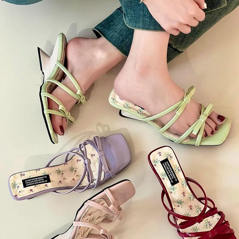 Fashion Hot Selling 2025 New French Style Summer Concise Open Toe Women Slippers Fashion Butterfly-knot Low Heels Party Pump Slide Shoes