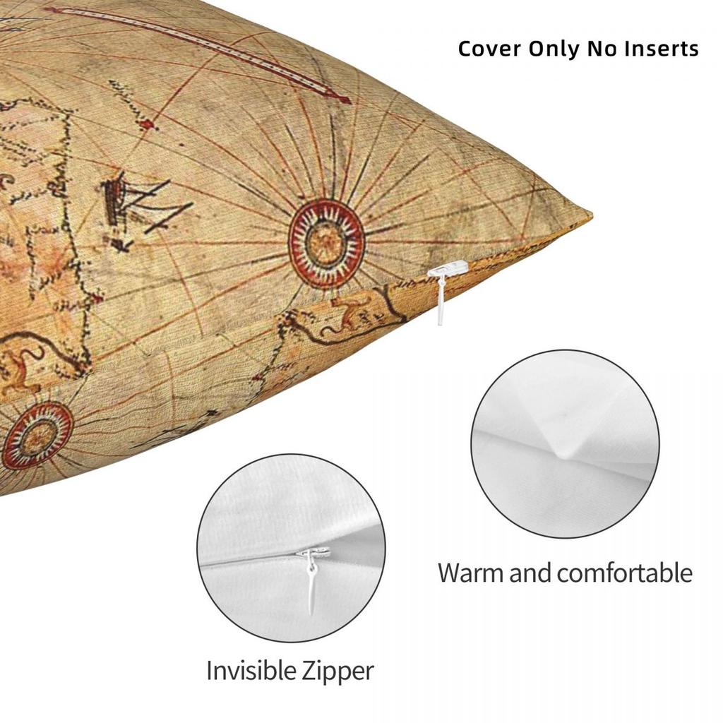 Federa per Cuscino Quadrata Mappa di Piri Reis Poliestere Lino Velluto Fantasia Cerniera Decorativa Federa Copricuscino per Casa