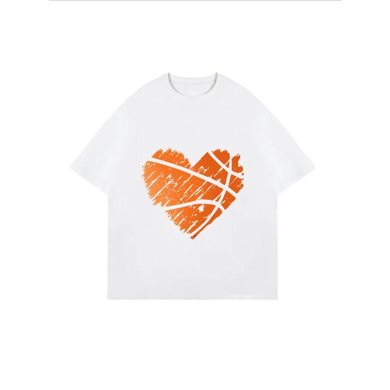 White Oversized T-Shirt With Orange Heart Basketball Print For Casual Wear