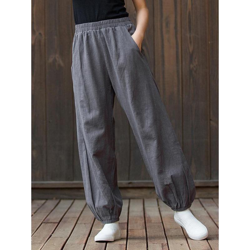 Johnature Damen-Hose aus Leinen mit weitem Bein, 8 Farben, Vintage, elastische Taille, Frühlingshosentaschen, lockere, lässige lange Damenhose