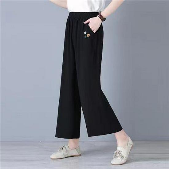 

Женские брюки из тенселя и льна с широкими штанинами и эластичной талией - Повседневные, свободного кроя для весны/лета, длиной до щиколотки, идеально подходят для мам среднего и пожилого возраста. 3XL (Weight: 113-125 Jin) чёрный