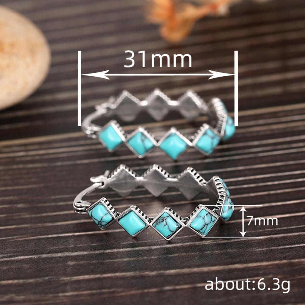 Retro Boho Geometric Zigzag Turquoise-Tone Hoop Earrings