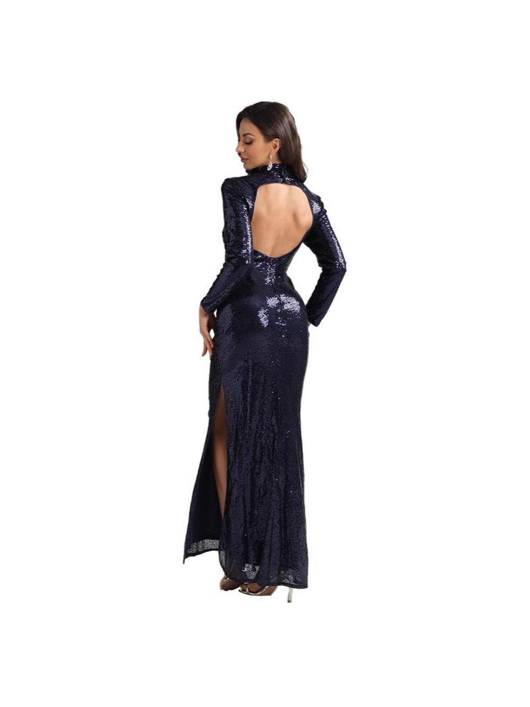 Elegant Navy Blue Sequin Long Sleeve High Neck Backless Evening Gown