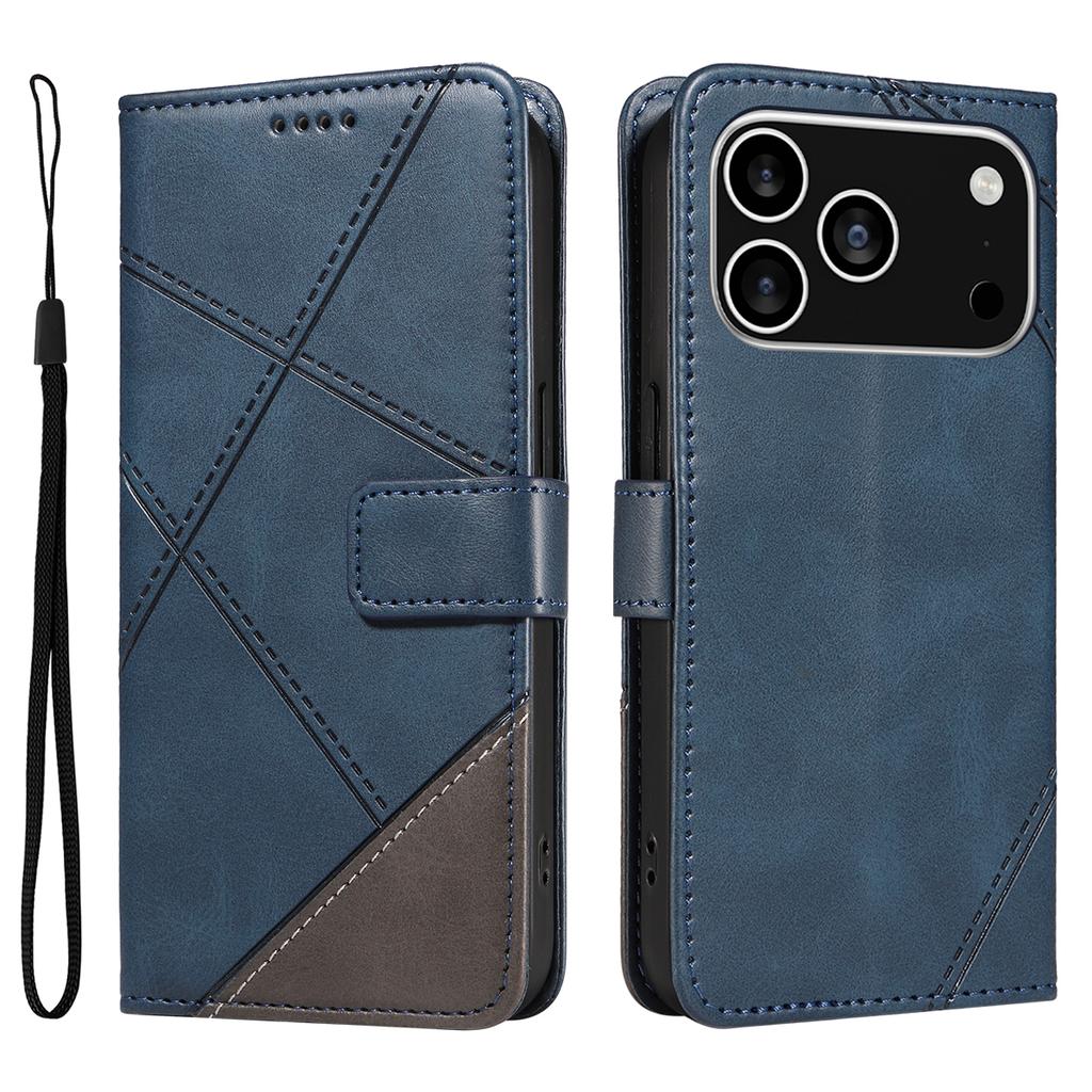 For iPhone 17 Pro Leather Case Geometric Line Design Wallet Phone Cover with Wrist Strap