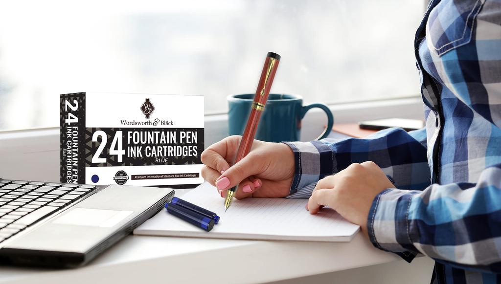 Wordsworth Black 24 Pack Fountain Pen Ink Refills SET OF 24 BLUE Ink Cartridges International Standard Size Length Appr & - - - 1.5