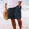 Men's Summer Cotton-Linen Shorts Drawstring Elastic Waistband Straight Leg Solid Color Breathable Casual Beach Shorts Mid-Length