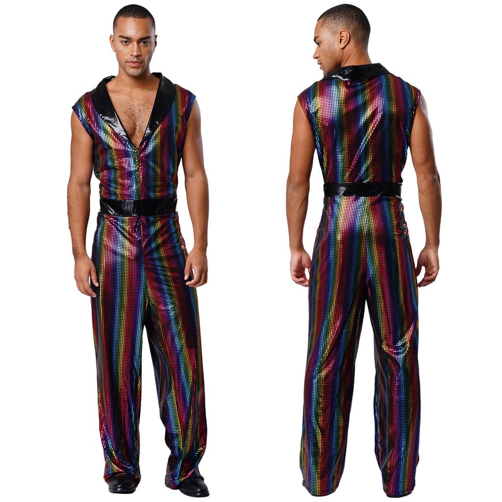 Retro 1920s Disco Outfit for Men M-3XL Metallic Shiny Plaid V Neck Lapel Sleeveless Wide Leg Jumpsuit for Club Rave Stage
