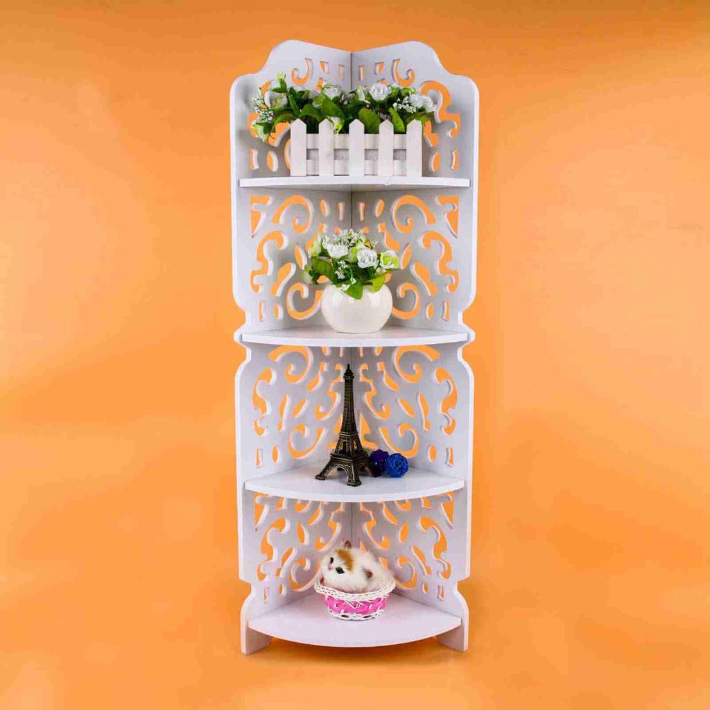 White Hollow Carved 4 Tier Corner Shelf Bookcase Display Cosmetic Storage Bathroom Shelving
