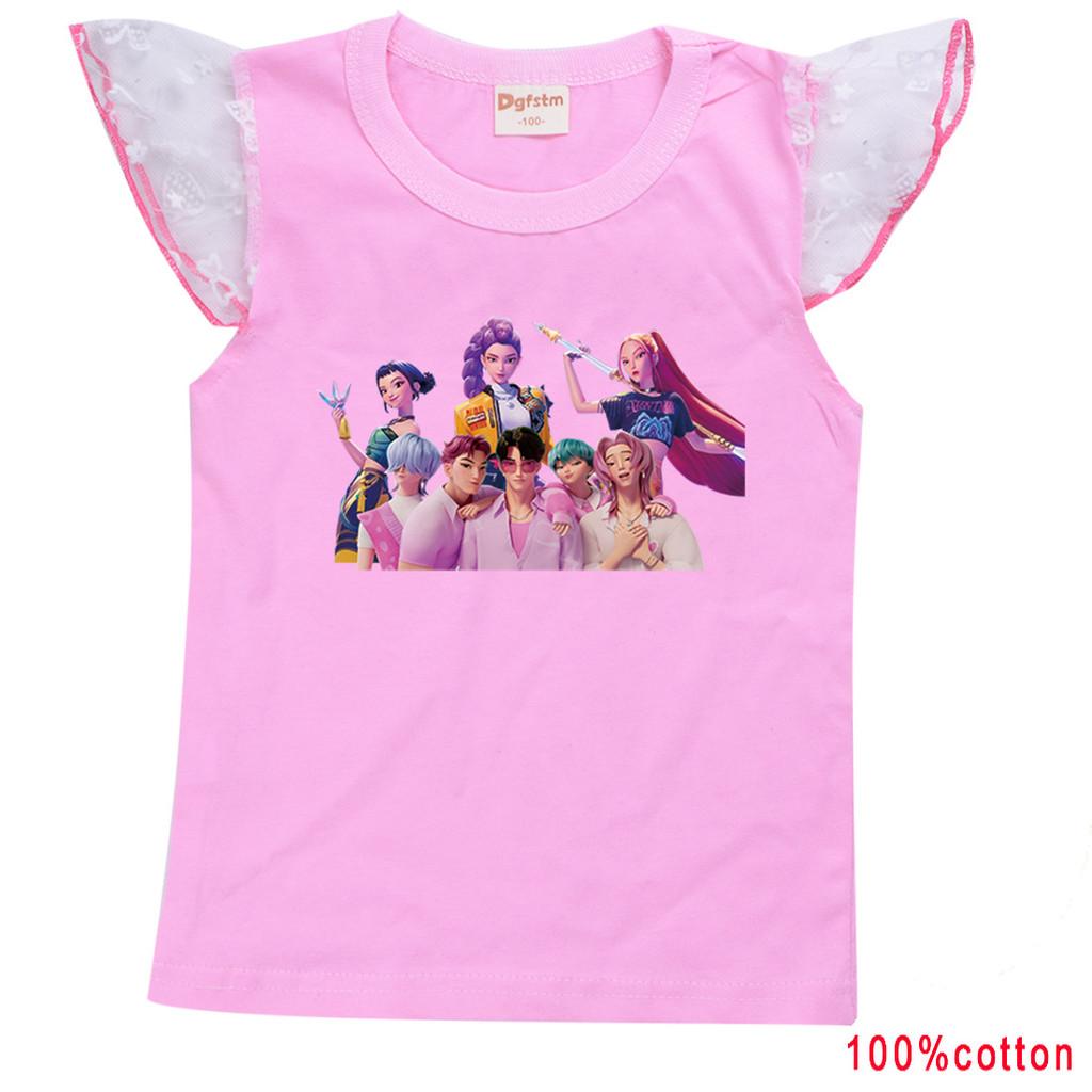 

Girls Anime Cartoon Printing Mesh Short Sleeves 100% Cotton T-Shirt Kids Hunters Printed Summer Top 160cm рожевий