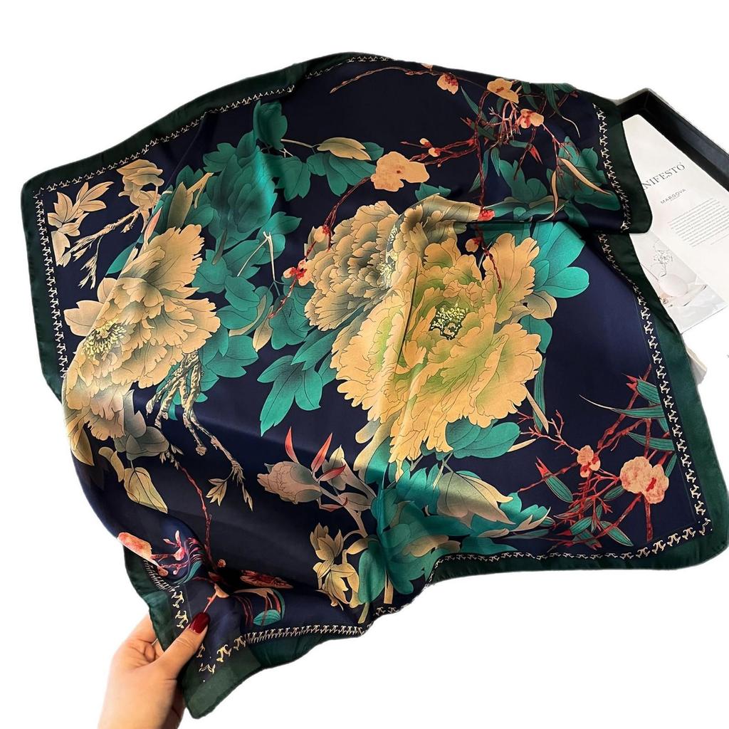 Women's Retro Fashion Mulberry Silk Feel Square Scarf - Summer Faux Satin, Sun Protection, 90cm