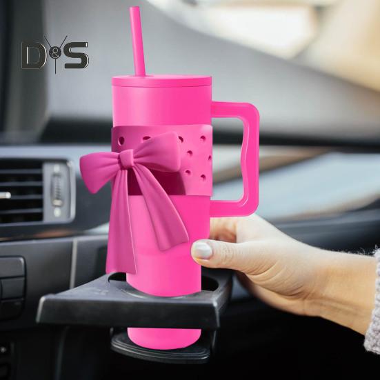 Water Cup Boot Sleeve for Quencher Adventure Tumbler 40oz DIY Decoration Reusable Silicone Bottle Cover with Bow Decoration Carrying Handle Strap