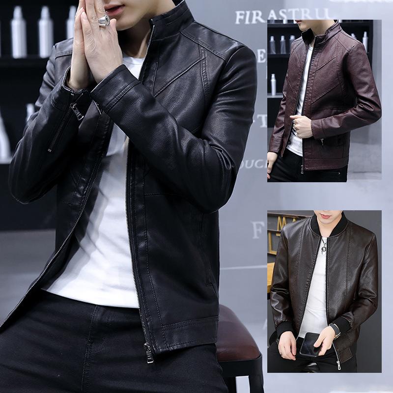 

Autumn and winter new handsome light fashion casual versatile men s leather jacket stand-up collar jacket thin slim fit M