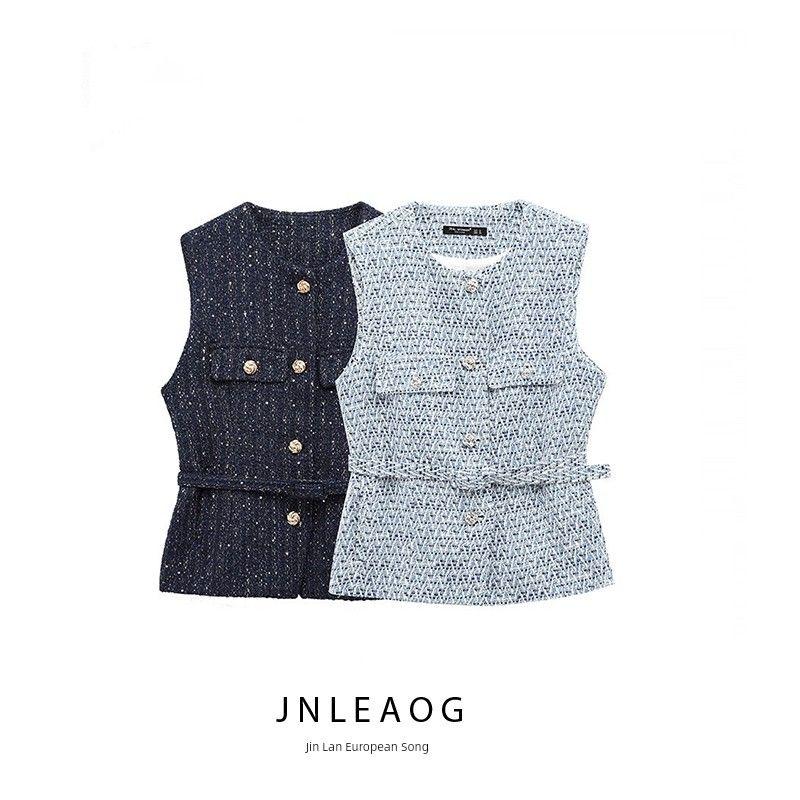 Jnleaog Spring New Arrival Women's Clothing Fashion Style French Style with Belt Metallic Thread Texture Vest 2132116