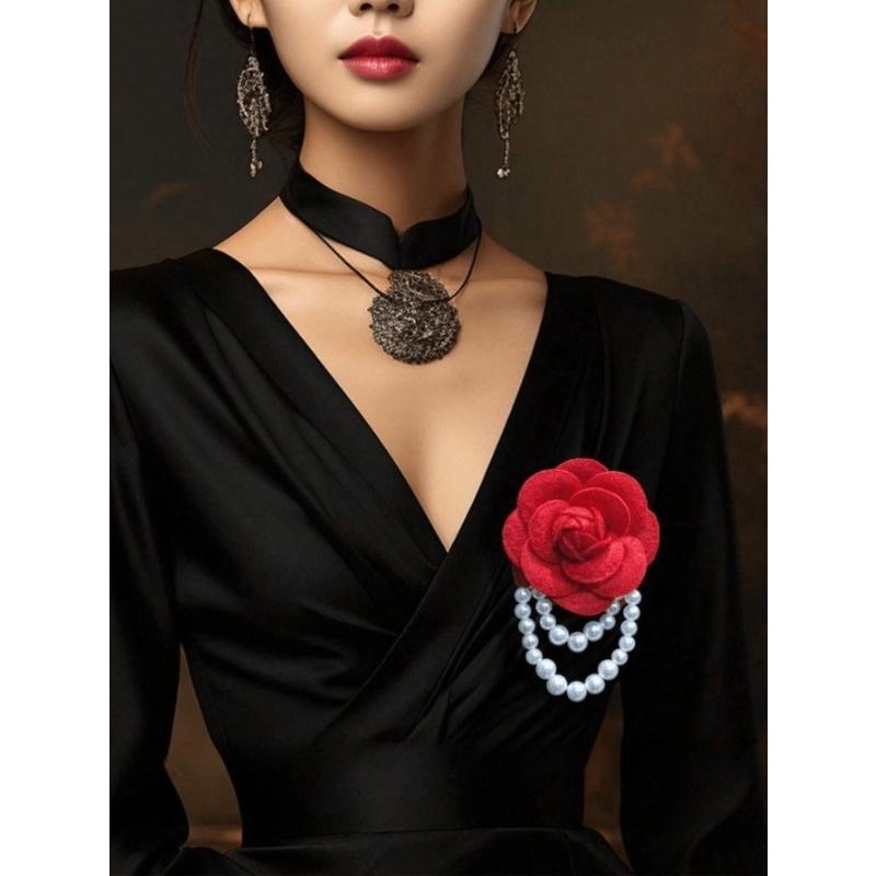 1pc Elegant Women's Camellia Flower Faux Pearl Tassel Brooch Pin for Shirt Collar Clothing Accessory, Party and Wedding Gift Valentines