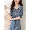 Casual Denim Dress Spring Simple Elegant Collar Contrast Stitching Drawstring Waist