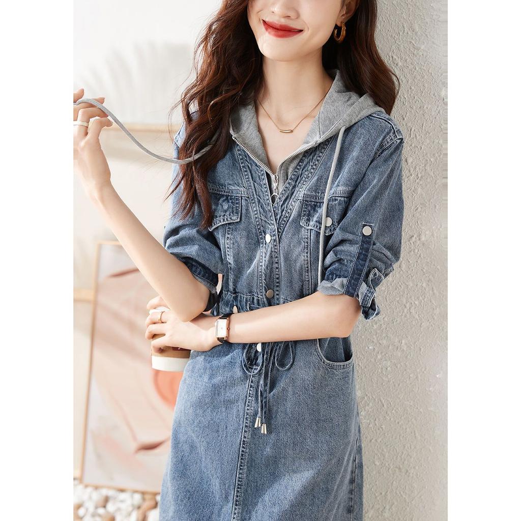 Casual Denim Dress Spring Simple Elegant Collar Contrast Stitching Drawstring Waist