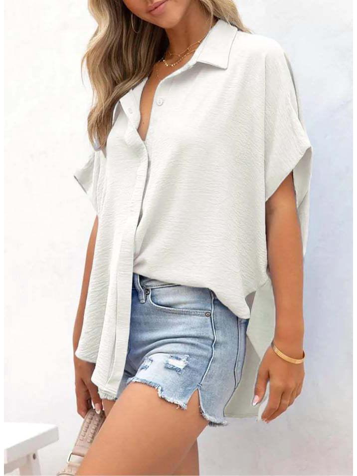 2025 Summer Women's Casual Solid Color Button Short Sleeve Shirt