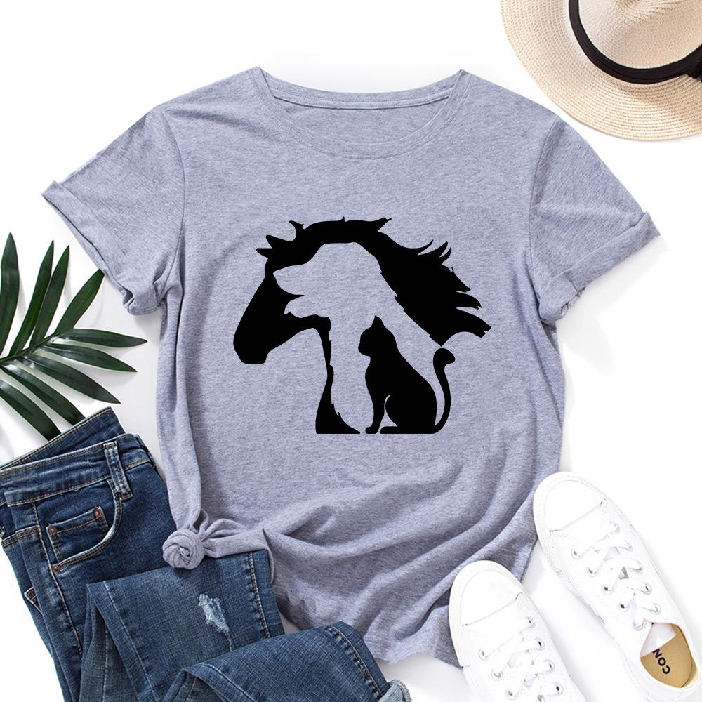 

Horse Pattern Cotton T-Shirt Short Sleeve Round Neck Women 2d Print Tops S