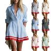 Abito casual da donna a righe eleganti, a maniche lunghe, con bottoni, colletto a revers e vita sagomata