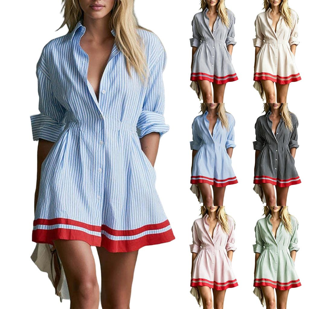 Women's Stylish Striped Long Sleeve Button Down Casual Dress with Lapel Collar and Fitted Waist
