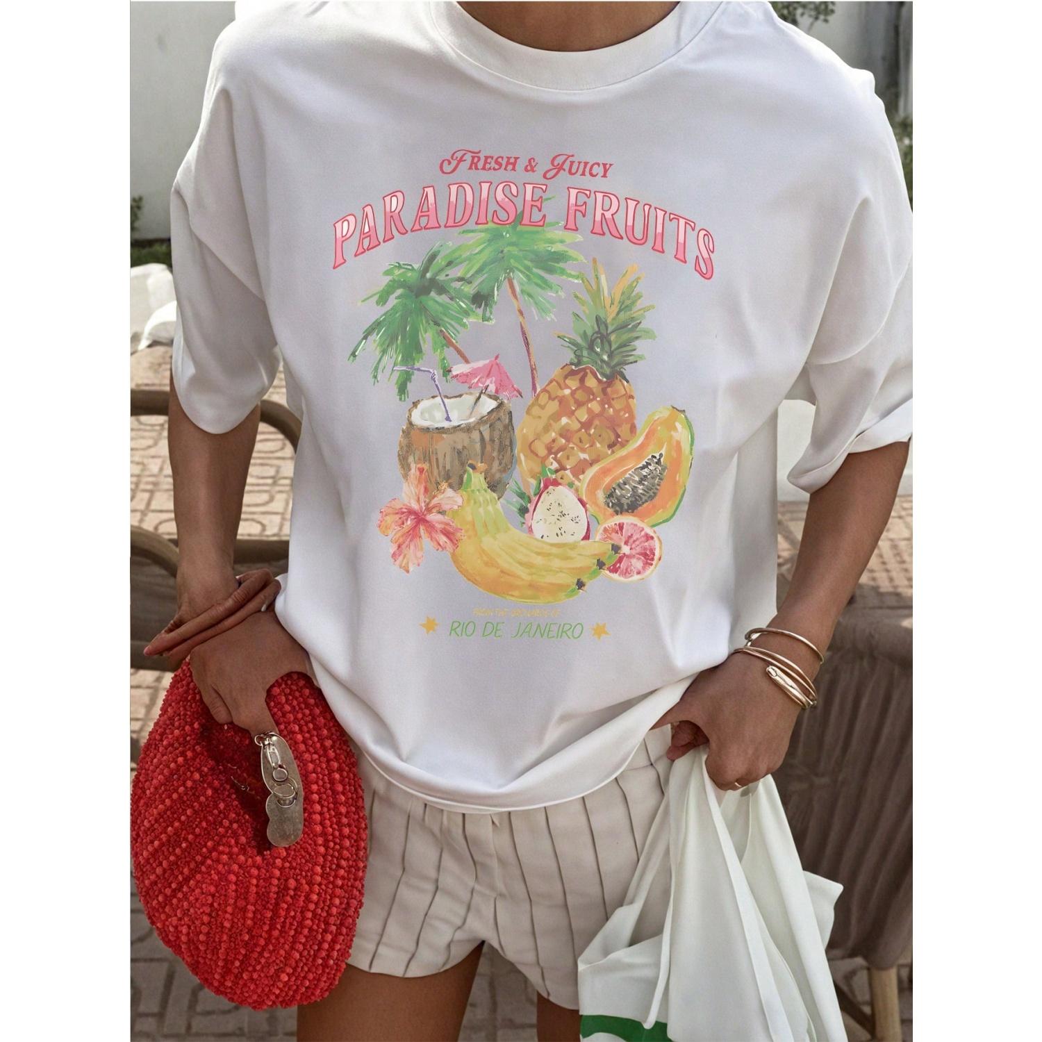 Summer Vacation Casual White Short Sleeve Fruit Print T-Shirt S