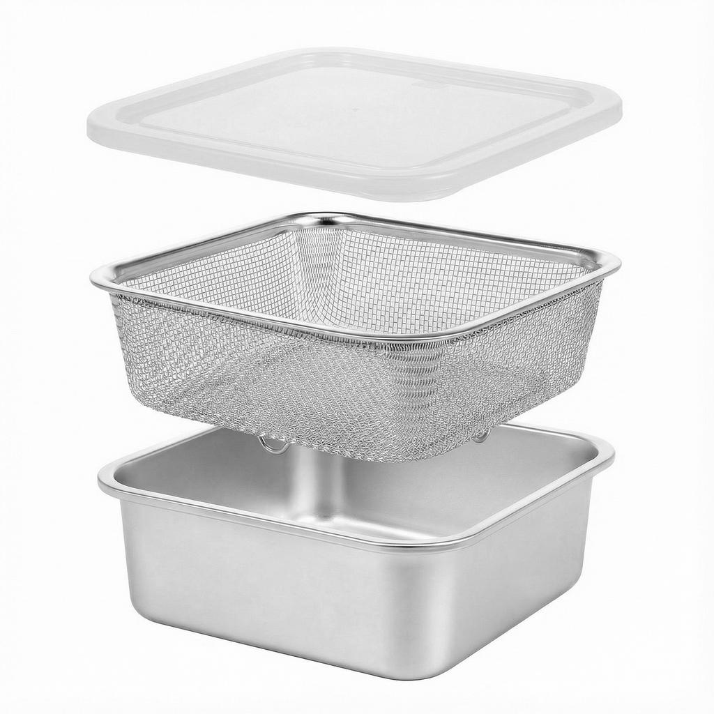 2 in 1 Bento Lunch Box Stainless Steel Food Storage Container Fruit Washing Up Bowl Strainer  Draining Airtight Crisper Box