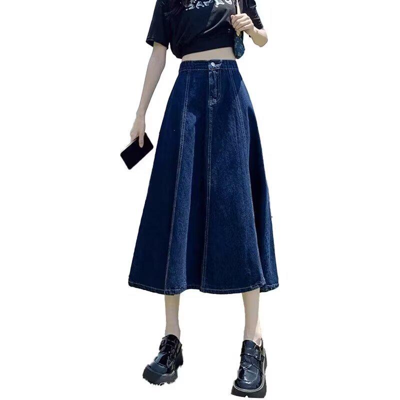 2024 Spring/Summer Women's High Waist Denim Midi Skirt - Slimming Casual Mid-Length In Dark Blue