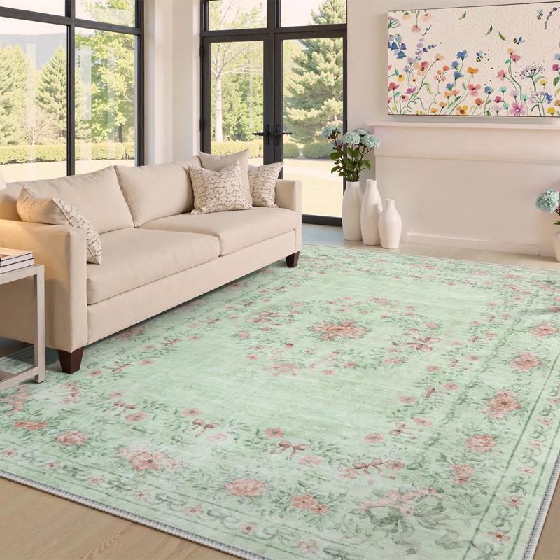 Living Room Carpet Large Area Machine Washable Vintage Traditional Floral Beige Rug for Bedroom Bedside Floor Mats Alfombra